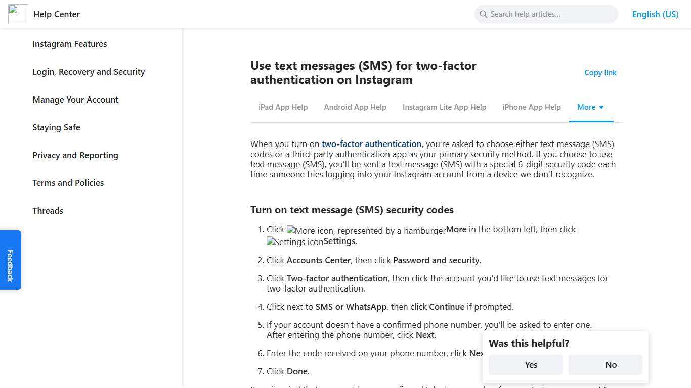 Use text messages (SMS) for two-factor authentication on Instagram Instagram Help Center