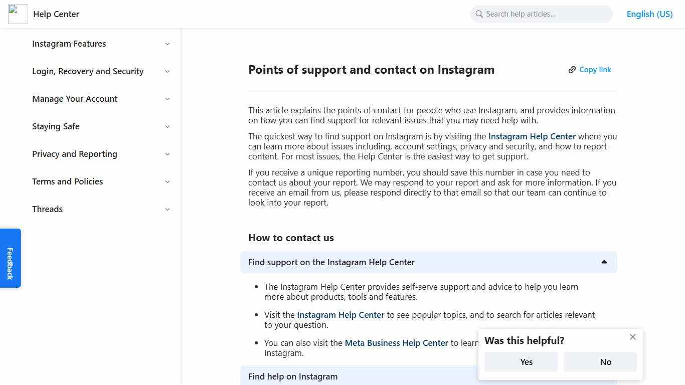 Points of support and contact on Instagram Instagram Help Center